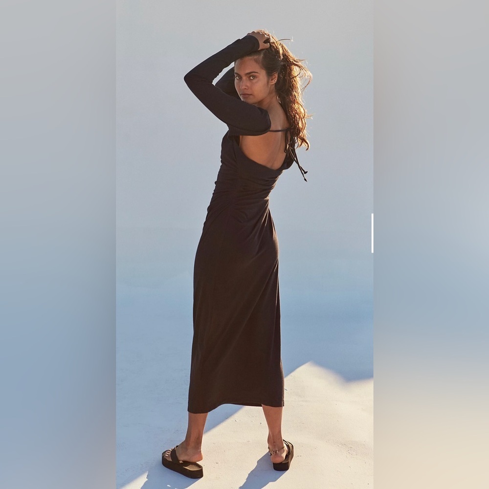 Fp beach free people xs cotton open back long dress ruched relaxed lounge